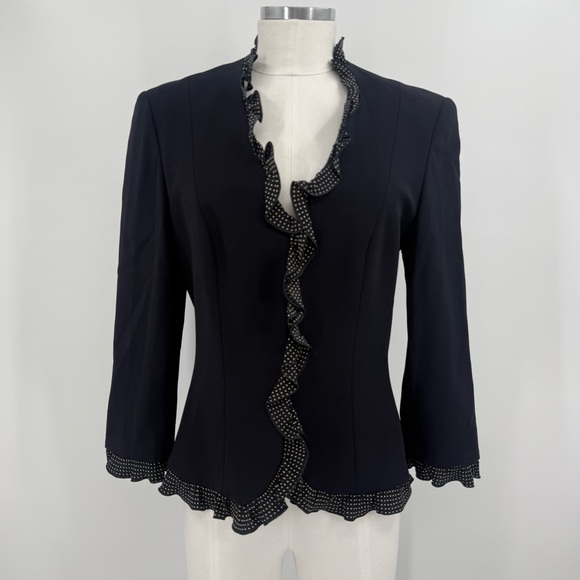 Escada Jackets & Blazers - Escada Navy Blue Wool Blazer with Polka Dot Ruffle Trim Size 38 / US Small